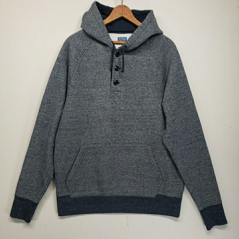 J Crew Vintage Fleece Button Henley Hoodie Medium Blue Heathered M